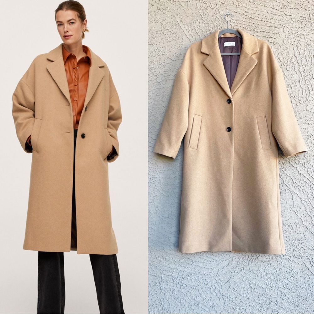 MANGO Camel Tan Oversized Wool Coat Gauguin Neutral Lapels Wool Trench Coat S
